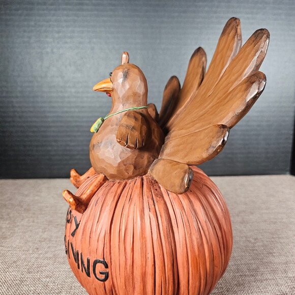 Blossom Bucket Folk Art Brown Turkey Sitting On A Pumpkin Happy Thanksgiving - Picture 3 of 10